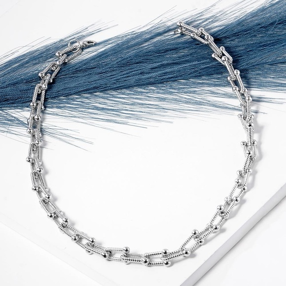 White Gold Dipped Textured Metal Hardware Chain Necklace - Picture 1 of 3